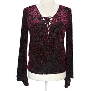 Y2K Velvet Burnout Top XS Lace Up Witchy Dark Fairy Shirt Whimsigoth Bell Sleeve